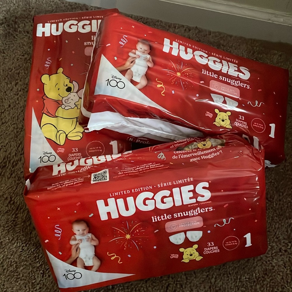 3 packs of unopened 33 count size one Huggies diapers.  (99diapers in total)